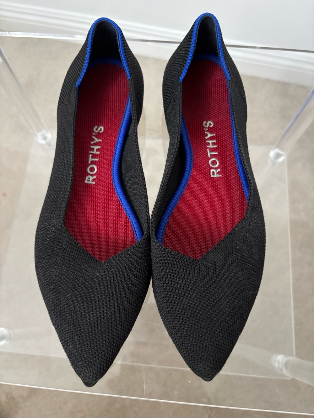 Rothy's Black Pointed Knit Flats with Red Insole and Blue Halo